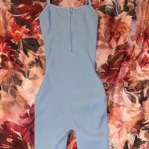 Pretty Knit Light Blue Ribbed Jumpsuit, Romper, Shorts, with front Zipper
